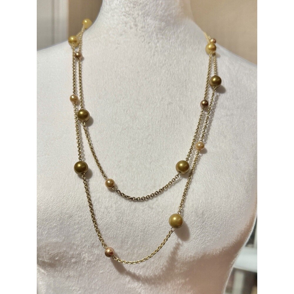 Vintage 28” Gold Tone Golden Bronze Faux Pearl Station Layered Necklace